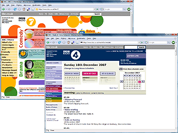 Screengrab of selections of the Radio 4 and BBC 7 websites From 16-Dec-2007